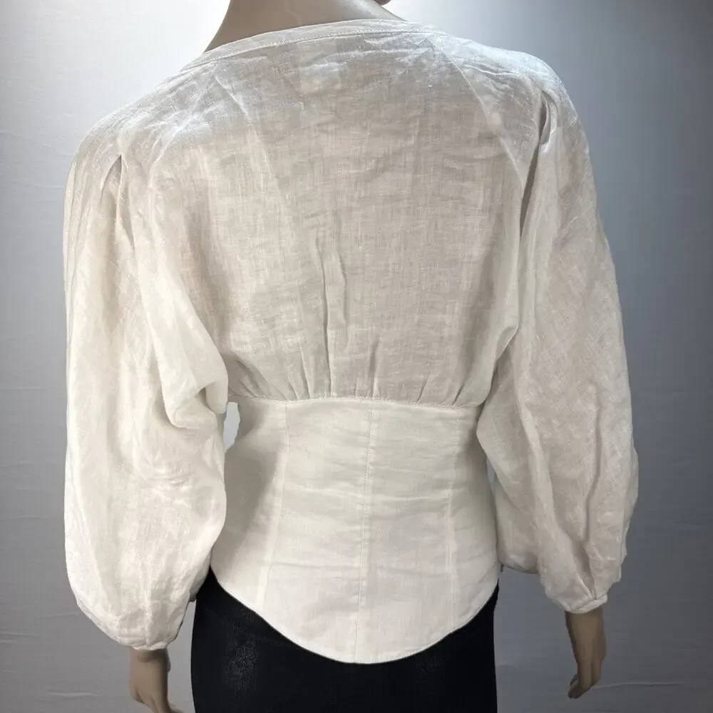 Anthropologie Akemi Kin Corset Blouse Top Size 6 White Linen 3/4 Balloon Sleeve